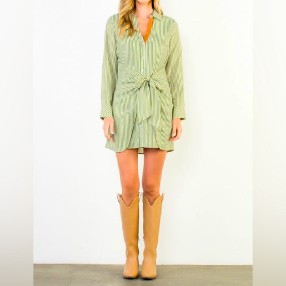 THML NWT| Green Lydia Striped Tie-Front Shirt Dress| Size XS